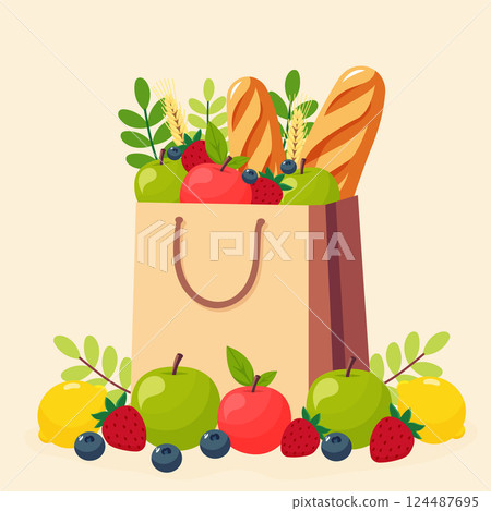 Paper Bag with Fresh Food Flat Illustration 124487695