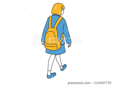 Back view of a female student carrying a large backpack 124487770