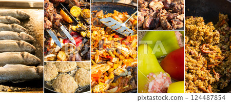 Cooked Dishes Collage with Fried Fish, Cutlets, Kebab, Stewed Peppers, Pilaf, and Vegetables Cooked Dishes Collage with Fried Fish, Cutlets, Kebab, Stewed Peppers, Pilaf, and Vegetables 124487854