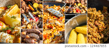 Cooked Dishes Collage with Pilaf, Stewed Vegetables, and Sausages Cooked Dishes Collage with Pilaf, Stewed Vegetables, and Sausages 124487855