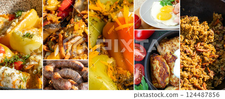 Cooked Dishes Collage with Pilaf, Stewed Vegetables, and Sausages Cooked Dishes Collage with Pilaf, Stewed Vegetables, and Sausages 124487856