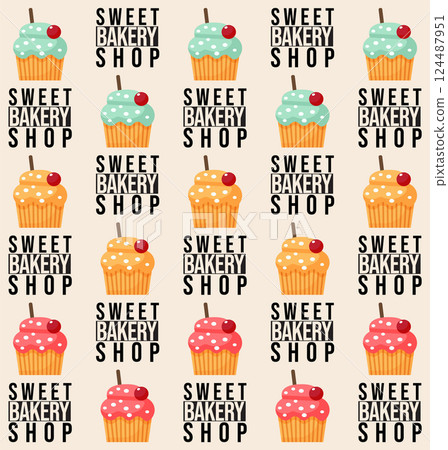 Seamless Pattern with Cupcakes for Sweet Bakery Shop Flat Illustration 124487951