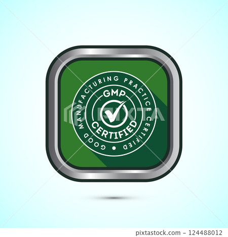 GMP certified icon design illustration. Good manufacturing practice label badge, Button design GMP certified icon design illustration. Good manufacturing practice label badge, Button design 124488012