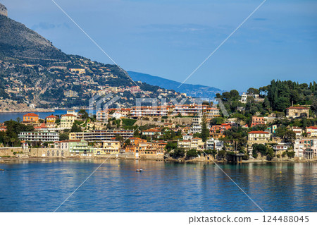 Cap Ferrat coastal view, village and mountains landscape  in Cote D'Azur, France 124488045