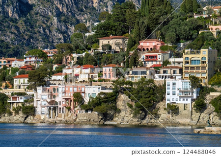 Cap Ferrat coastal view, village and mountains landscape  in Cote D'Azur, France 124488046