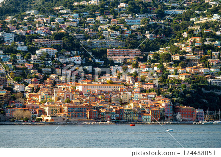 Villefranche sur Mer coastal view landscape,  little village in Cote D'Azur, France 124488051