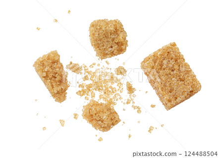 brown sugar cubes isolated on white background. Top view, flat lay brown sugar cubes isolated on white background. Top view, flat lay 124488504