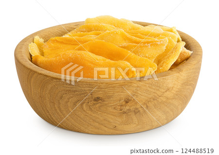 dried mango in wooden bowl isolated on white background 124488519