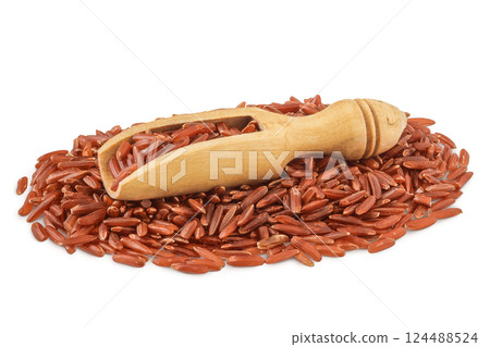 red rice in a wooden scoop isolated on white background red rice in a wooden scoop isolated on white background 124488524