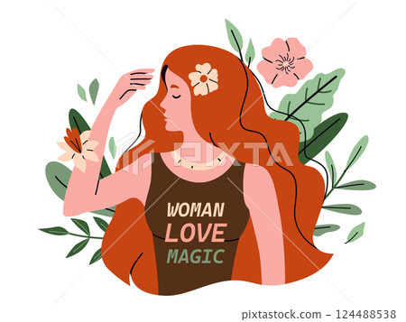 Woman with red long hair surrounded flowers vector illustration. Luxury girl in fashion pose. Female character with face turned to the side, close eyes, smile. Beauty in modern flat style. Text quote Woman with red long hair surrounded flowers vector illustration. Luxury girl in fashion pose. Female character with face turned to the side, close eyes, smile. Beauty in modern flat style. Text quote 124488538