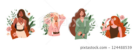 Woman in flowers set vector illustration. Diverse luxury girls in fashion pose surrounded by spring floral. Female characters with face, close eyes, smile, long hair. Beauty women in modern flat style Woman in flowers set vector illustration. Diverse luxury girls in fashion pose surrounded by spring floral. Female characters with face, close eyes, smile, long hair. Beauty women in modern flat style 124488539