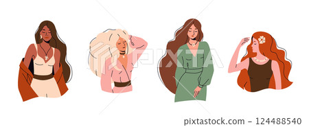 Woman set vector illustration. Diverse luxury girls in fashion pose. Female characters with face, close eyes, smile, long hair. Beauty women in modern flat style isolated on white background Woman set vector illustration. Diverse luxury girls in fashion pose. Female characters with face, close eyes, smile, long hair. Beauty women in modern flat style isolated on white background 124488540