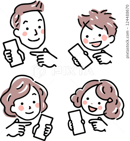 A family of four with smartphones 124488670