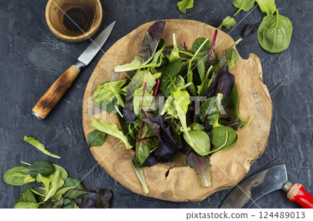 fresh salad with arugula, purple lettuce, spinach 124489013