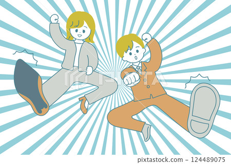 A man and a woman in a suit kicking or flying kick forward against a background of concentrated lines 124489075
