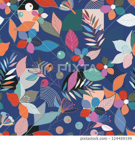 Spring flowers print. Vector seamless floral pattern. Floral design for fashion prints. Elegant template. Dark blue background. Vector illustration Spring flowers print. Vector seamless floral pattern. Floral design for fashion prints. Elegant template. Dark blue background. Vector illustration 124489199