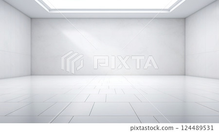 White wall empty apartment room with marble floor and walls. Copy space for product placement. Generative AI 124489531