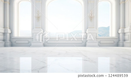 White wall empty apartment room with marble floor and walls. Copy space for product placement. Generative AI 124489539