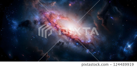 Pink nebula showcasing vibrant blue and orange hues in the depths of space with a bright star at the center 124489919