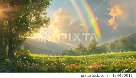 Vibrant rainbow after summer rain, lush green fields and warm golden sunlight. Summer landscape 124490011