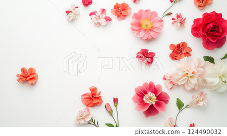 白色背景上粉紅色的花朵，平鋪 124490032