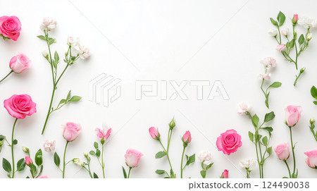 白色背景上粉紅色的花朵，平鋪 124490038