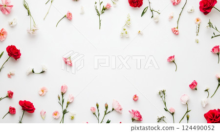 Pink flowers on a white background, flat lay 124490052