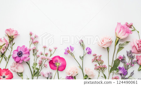 白色背景上粉紅色的花朵，平鋪 124490061