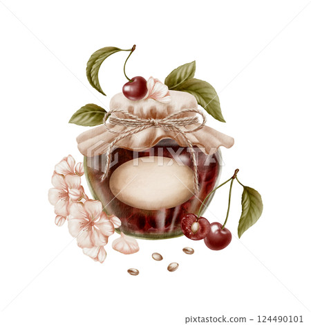 Cherry jam in glass jar covered fabric lid with twine bow watercolor illustration isolated on white.Marmelade jar empty label,cherries,flowers leaves with pits hand drawn vintage style 124490101