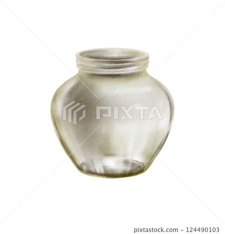 Empty low round glass clear jar without lid green shade watercolor isolated illustration. Jar for preserving fruits and vegetables in summer.Minimalist container for homemade jam, honey, or spices 124490103