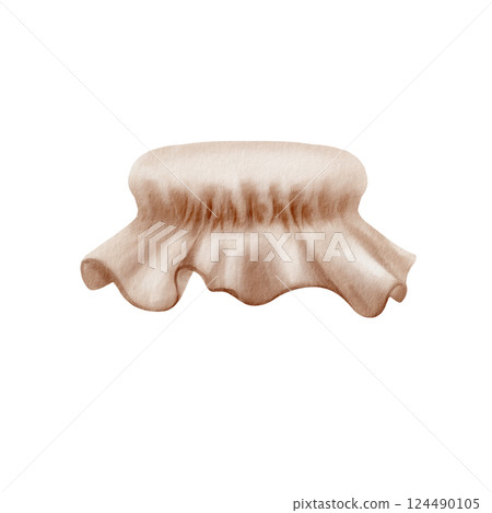 Vintage fabric or paper lid for tying with twine or ribbon on glass jars for summer preserves of berries,fruits,vegetables in an isolated watercolor illustration as part of the kitchen cozy decor  124490105