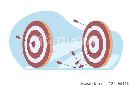 Two targets with arrows. Arrow hit center of target, arrows missed target. Metaphor of success, goal-setting, achievements, vector flat concept 124490386