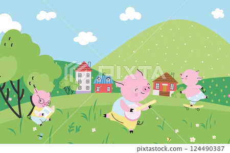 Three pigs plays on meadow. Cartoon pig reading book, dancing and skateboard riding. Fairy tale farm landscape with green valley, houses, vector illustration Three pigs plays on meadow. Cartoon pig reading book, dancing and skateboard riding. Fairy tale farm landscape with green valley, houses, vector illustration 124490387