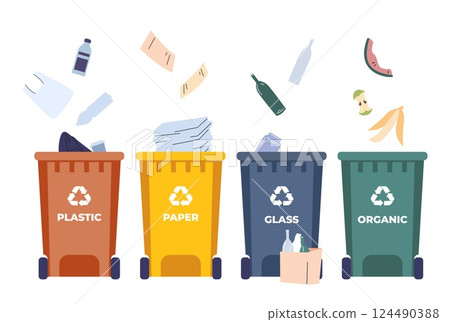 Sorting waste special street containers. Bins for plastic paper glass and organic trash. Banana peel, glass bottles, apple, sheets, vector concept 124490388