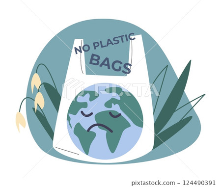 No plastic bags concept. Sad planet and nature elements, flowers and leaves. Eco friendly, zero waste and save environment, flat simple vector scene No plastic bags concept. Sad planet and nature elements, flowers and leaves. Eco friendly, zero waste and save environment, flat simple vector scene 124490391