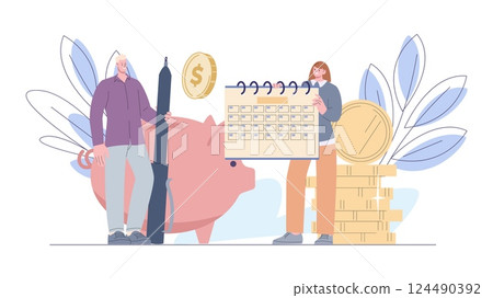 Monthly save money planning. People with planner and pencil, piggy bank and coins. Investment, budget analysis, self banking, vector flat concept 124490392