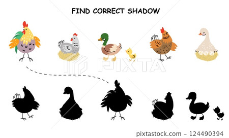 Kids puzzle game with cartoon farm birds. Find correct shadow of chicken hen rooster and duck with duckling. Educational play vector template Kids puzzle game with cartoon farm birds. Find correct shadow of chicken hen rooster and duck with duckling. Educational play vector template 124490394