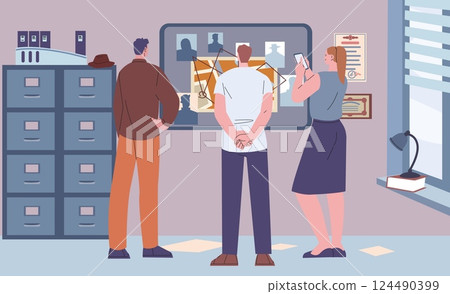 Group detectives in office looking on investigation board. Police agents, private detective at work. People in civilian clothes thinking about crime, vector scene 124490399