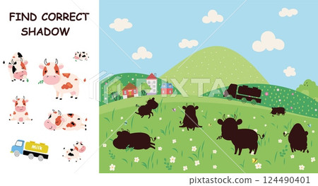 Find correct elements on farm landscape. Children puzzle game with cartoon cows on meadow and truck on hills. Educational game vector template Find correct elements on farm landscape. Children puzzle game with cartoon cows on meadow and truck on hills. Educational game vector template 124490401