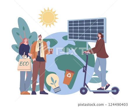 Eco friendly people. Woman with reusable shopping bag, man hold recycled coffee cup. Planet globe with solar battery, alternative energy, vector concept 124490403