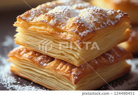 Close-up of meticulously stacked, golden-brown, flaky pastry squares, lavishly dusted with a generous helping of powdered sugar on a plate 124490451
