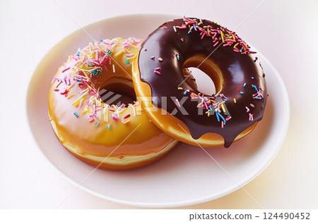Two doughnuts with coffee and chocolate glaze on a plate 124490452