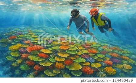 Snorkel in the tropical coral reefs 124490459
