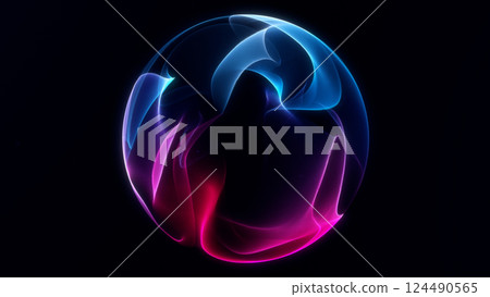 Pink and blue gradient energy wavy sphere with particle field. Shimmering glowing liquid particle orb on dark background. Minimalistic digital futuristic waveform ball screensaver. 124490565