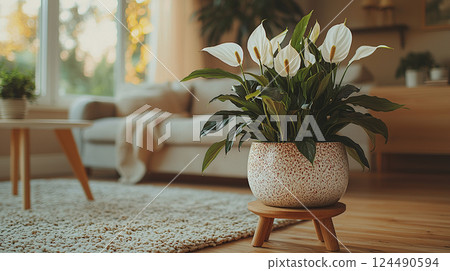 A vibrant peace lily graces a cozy living space, adding a touch of natural serenity to the home. A vibrant peace lily graces a cozy living space, adding a touch of natural serenity to the home. 124490594