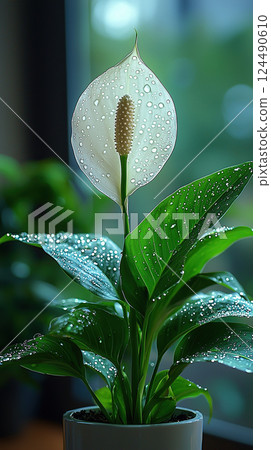 Close-up of a Peace Lily flower and leaves covered in dewdrops, set against a soft, blurred background. 124490610