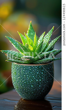 Close-up of a vibrant green aloe succulent in a teal pot, adorned with sparkling water droplets. 124490615
