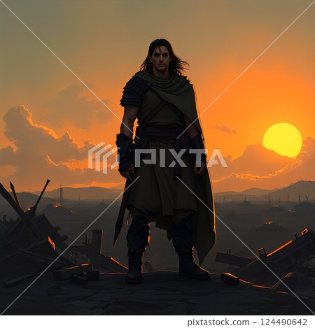 [Return of the Warrior] A heroic statue returns from the battlefield in a miraculous sunset 124490642