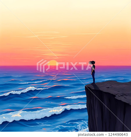 [Morning at Tojinbo] A figure quietly devoting itself to the gentle sea breeze / Fukui Prefecture 124490643