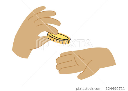 An illustration of a hand putting a coin into an open palm. One person giving money to another one. 124490711